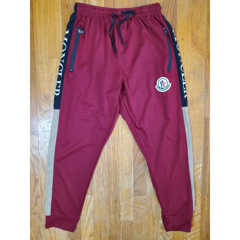 Moncler Track Pants Athletic Men's Size Small Burgundy Zip Pockets Side Spellout